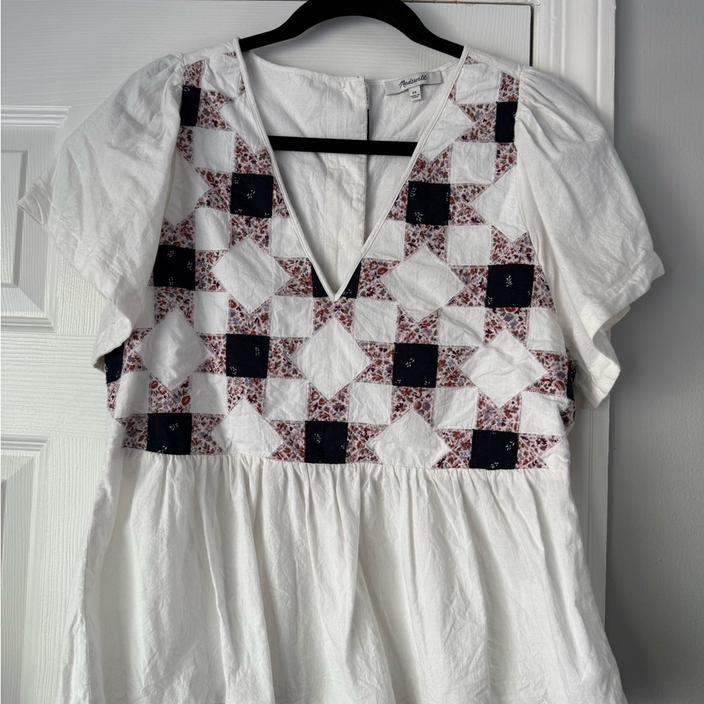 Madewell White Tunic Top with Navy and Burgundy Patchwork